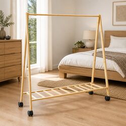Bamboo Clothes Rack with Wheels and Shelves