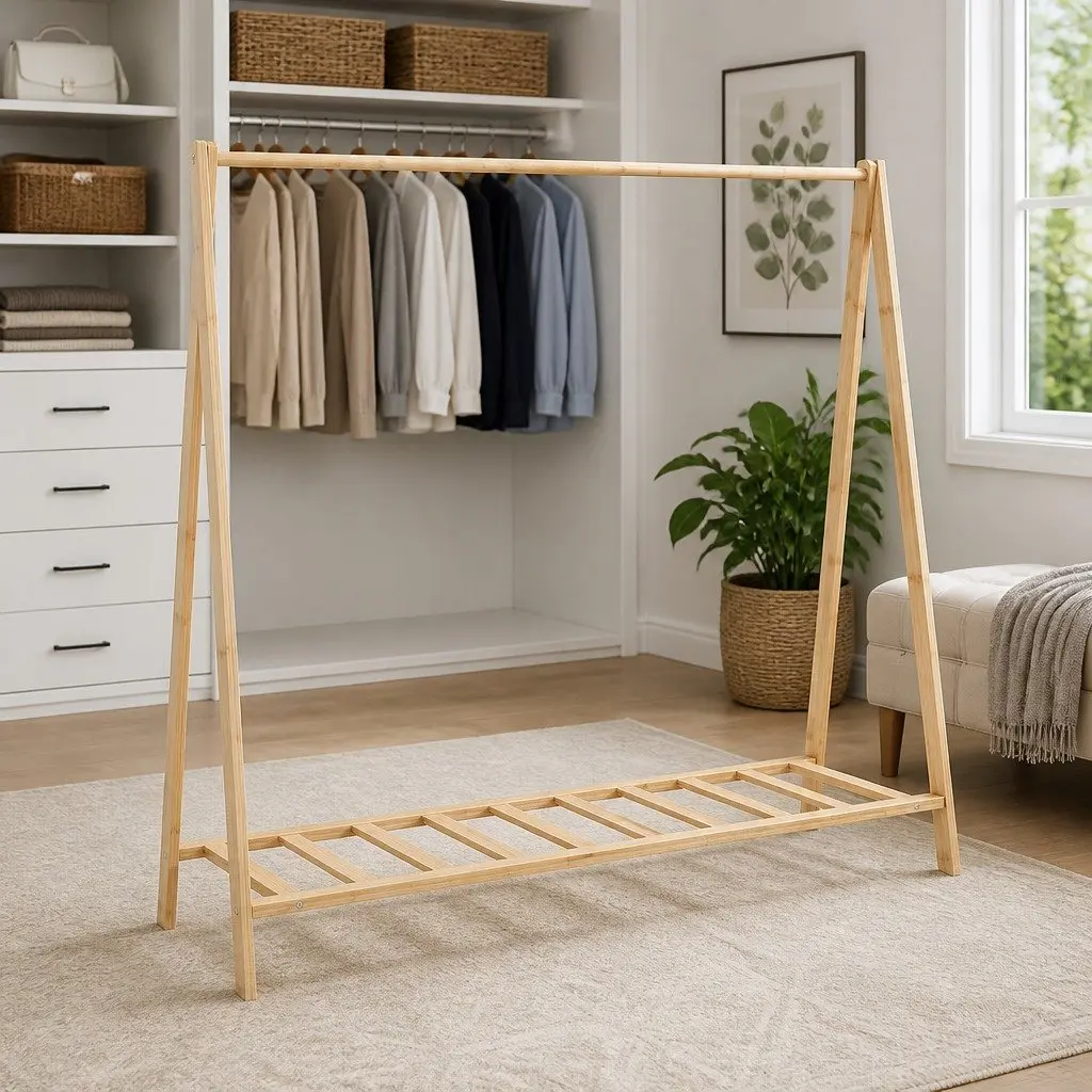 Bamboo Clothes Rack Brown Foldable Garment Organiser with Shelves