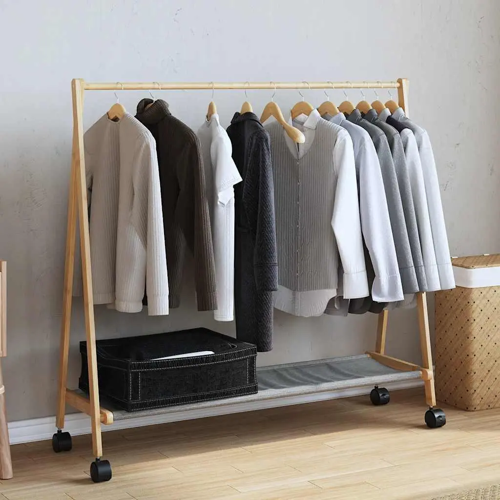 Bamboo Clothes Rack Brown Foldable with Shelves and Wheels