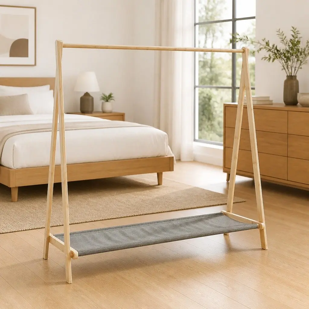 Bamboo Clothes Rack Brown Foldable Garment Organiser with Shelves