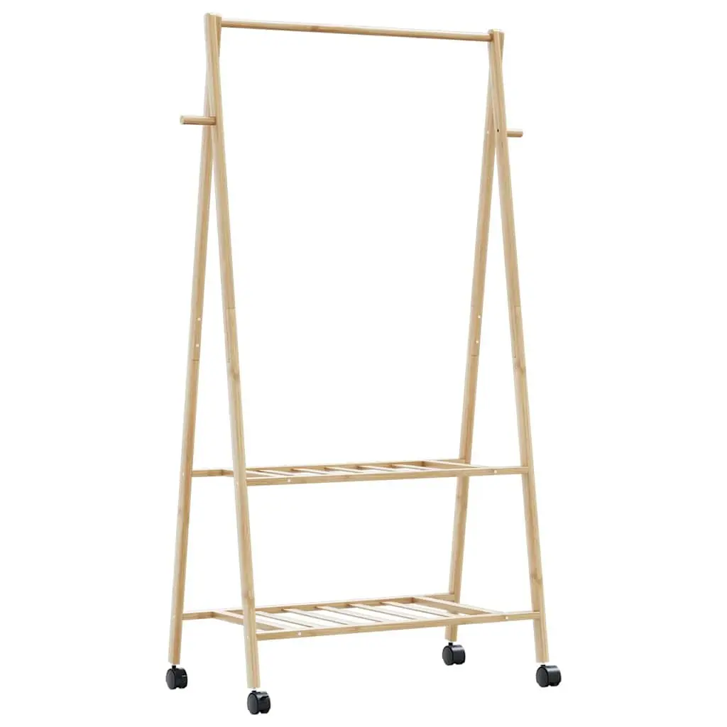 Bamboo Clothes Rack Brown Foldable Garment Organiser with Shelves and Wheels