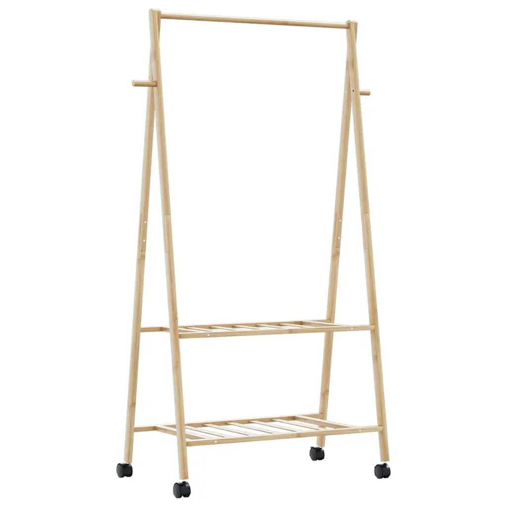 Bamboo Clothes Rack Brown Foldable Garment Organiser with Shelves and Wheels