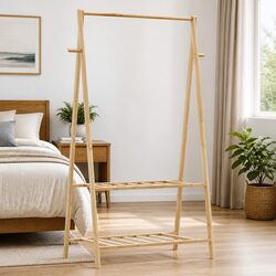 Bamboo Clothes Rack with Shelves and Hooks Foldable Garment Organiser Brown