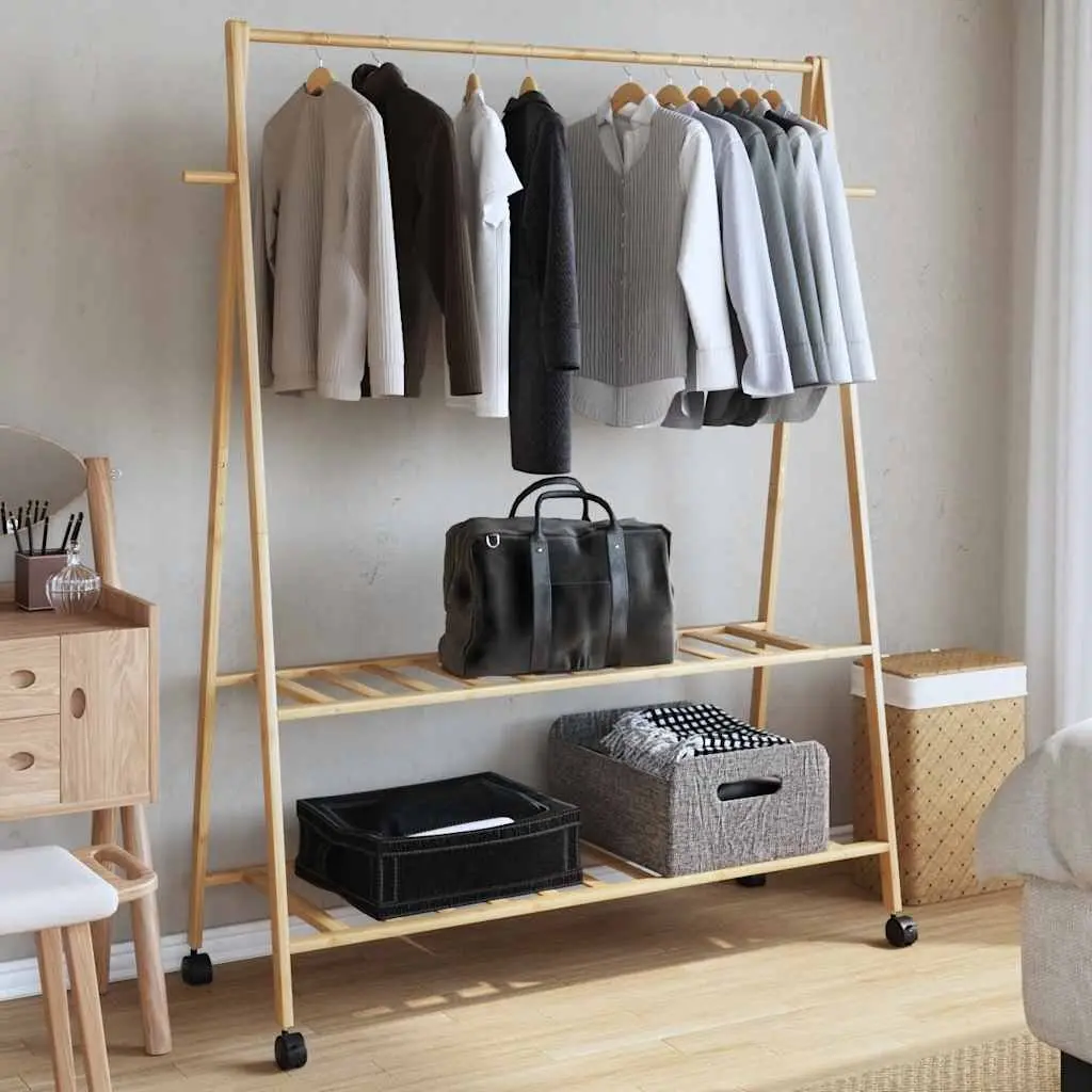 Clothes Rack Brown Bamboo 132x45.5x155.5cm Organiser with Shelves and Wheels