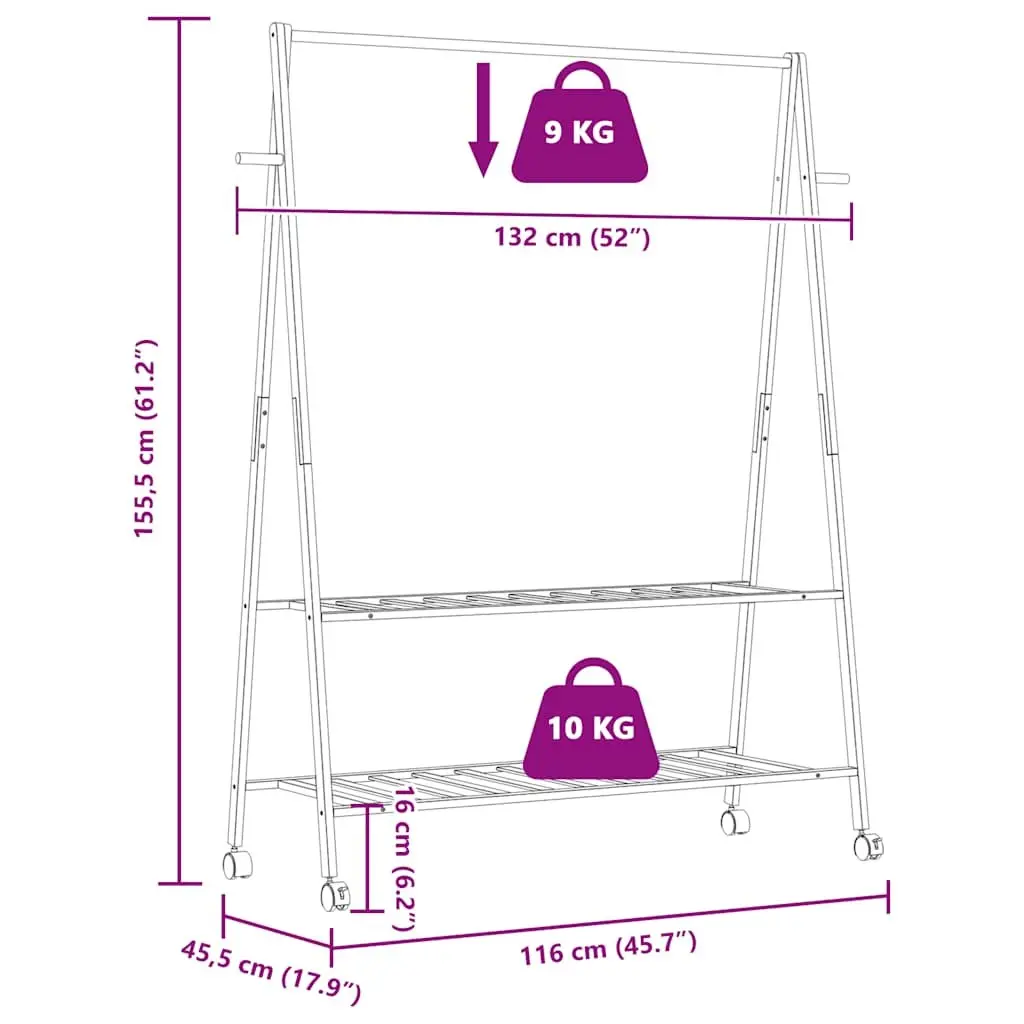 Clothes Rack Brown Bamboo 132x45.5x155.5cm Organiser with Shelves and Wheels