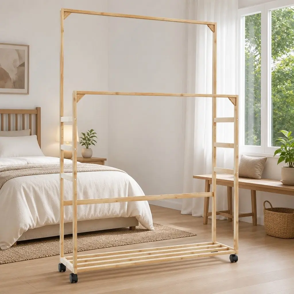 Bamboo Clothes Rack Brown 90x35x155cm Garment Storage with Shelves and Wheels