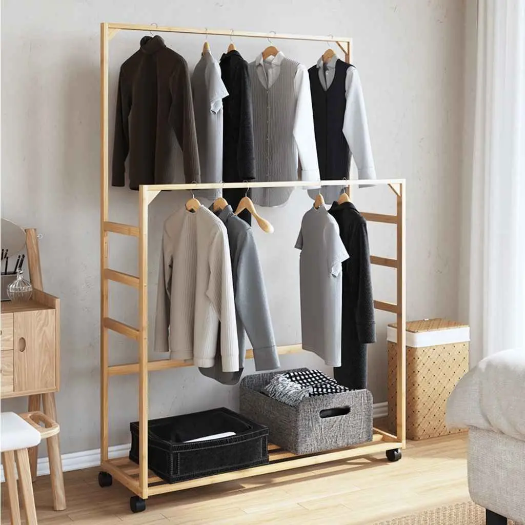 Bamboo Clothes Rack Brown 90x35x155cm Garment Storage with Shelves and Wheels