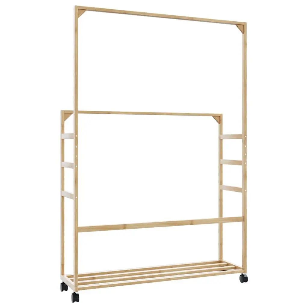 Bamboo Clothes Rack Brown 90x35x155cm Garment Storage with Shelves and Wheels