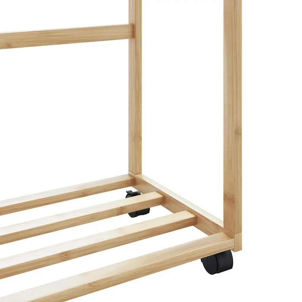 Bamboo Clothes Rack Brown 90x35x155cm Garment Storage with Shelves and Wheels