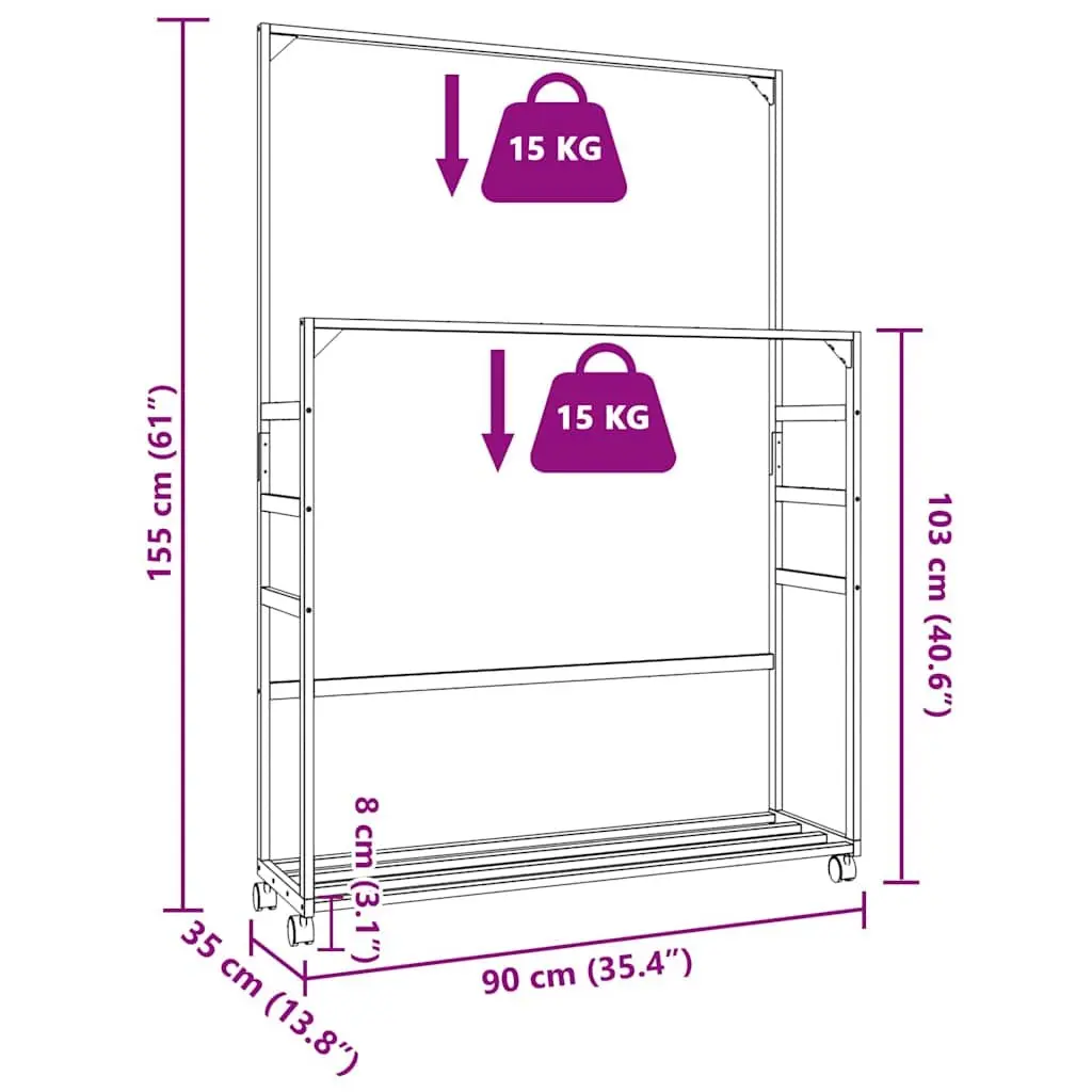Bamboo Clothes Rack Brown 90x35x155cm Garment Storage with Shelves and Wheels