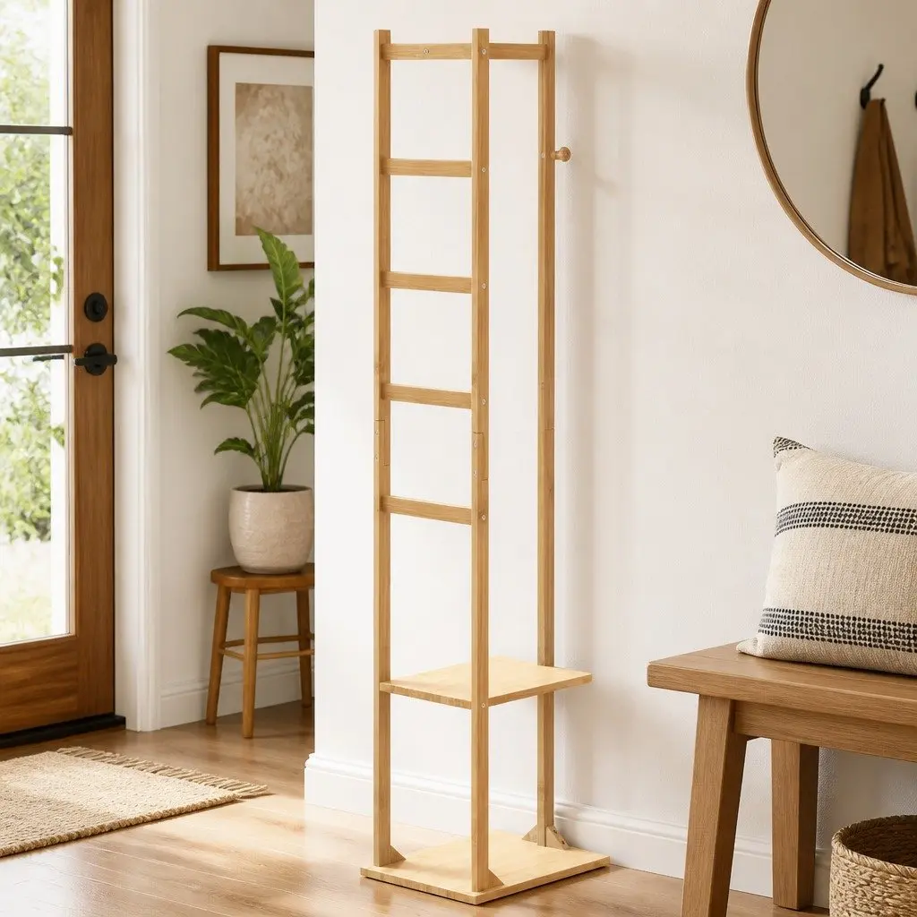 Bamboo Coat Stand Brown Tall Slim Profile with Hooks and Shelves for Organising Clothes and Storing Shoes and Handbags