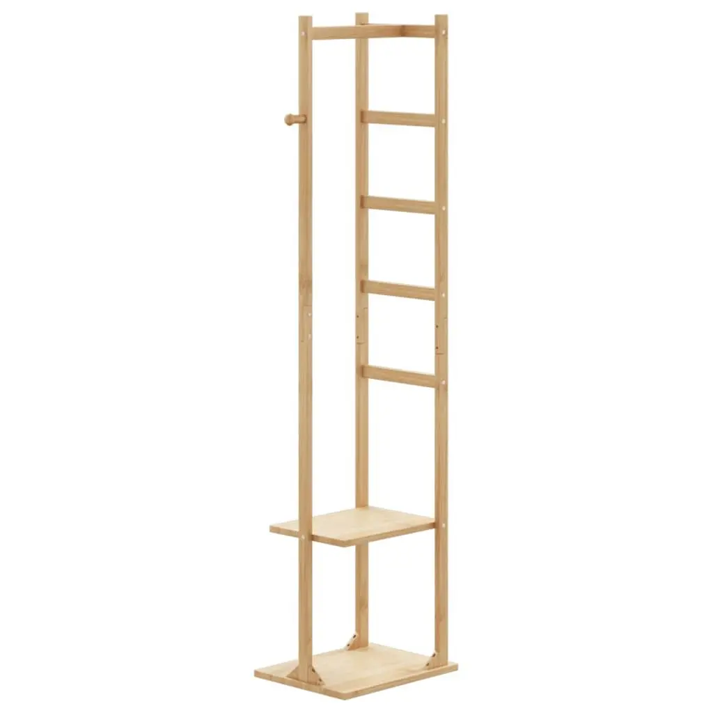 Bamboo Coat Stand Brown Tall Slim Profile with Hooks and Shelves for Organising Clothes and Storing Shoes and Handbags
