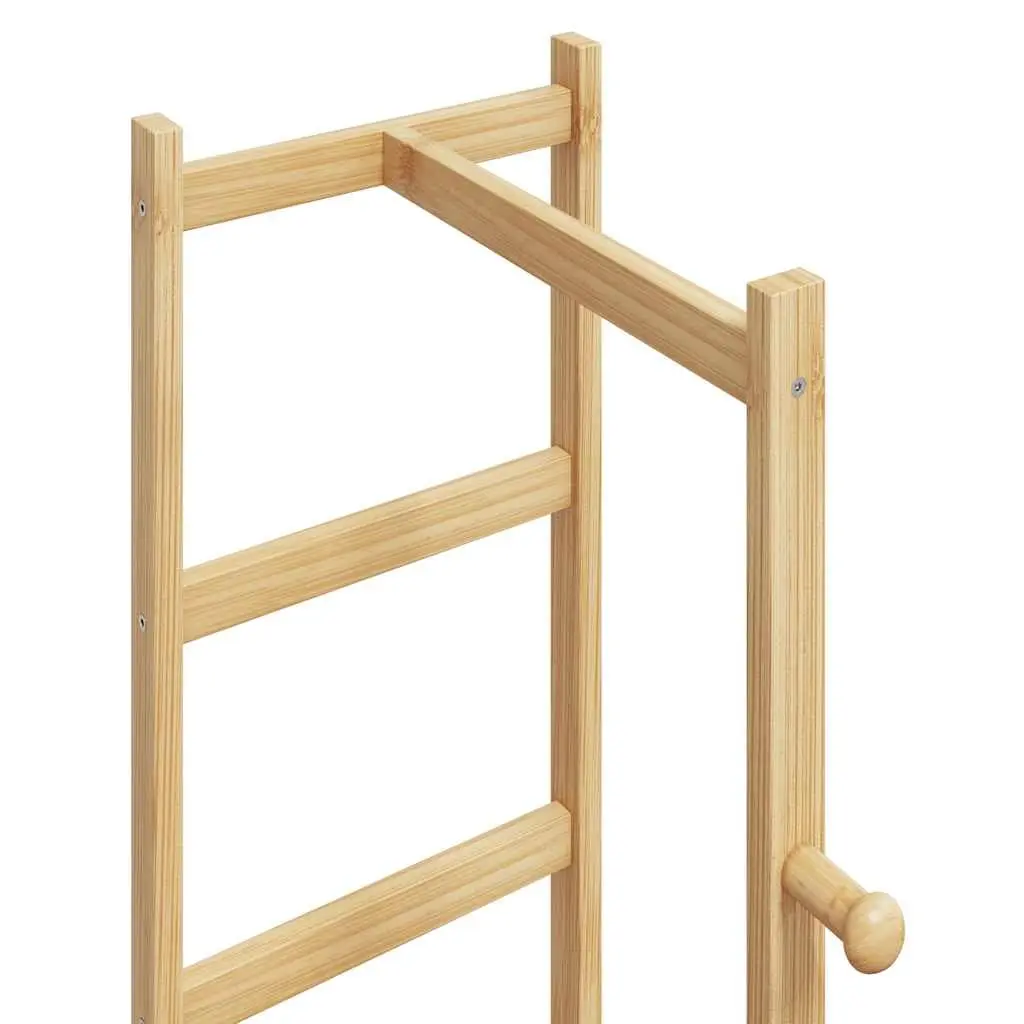 Bamboo Coat Stand Brown Tall Slim Profile with Hooks and Shelves for Organising Clothes and Storing Shoes and Handbags