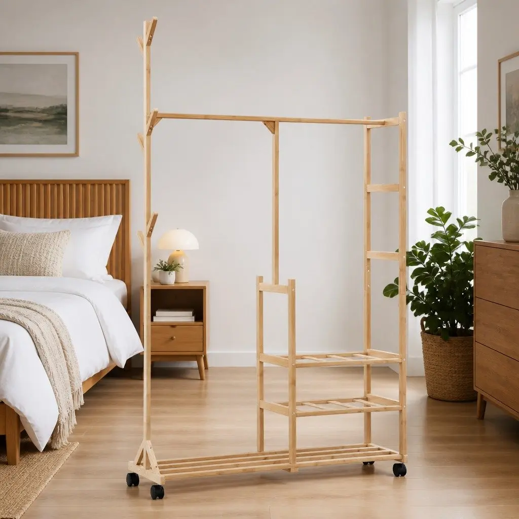 Bamboo Clothes Rack Brown 100 x 38 x 175.5 cm Garment Organiser with Shelves Wheels and Hooks