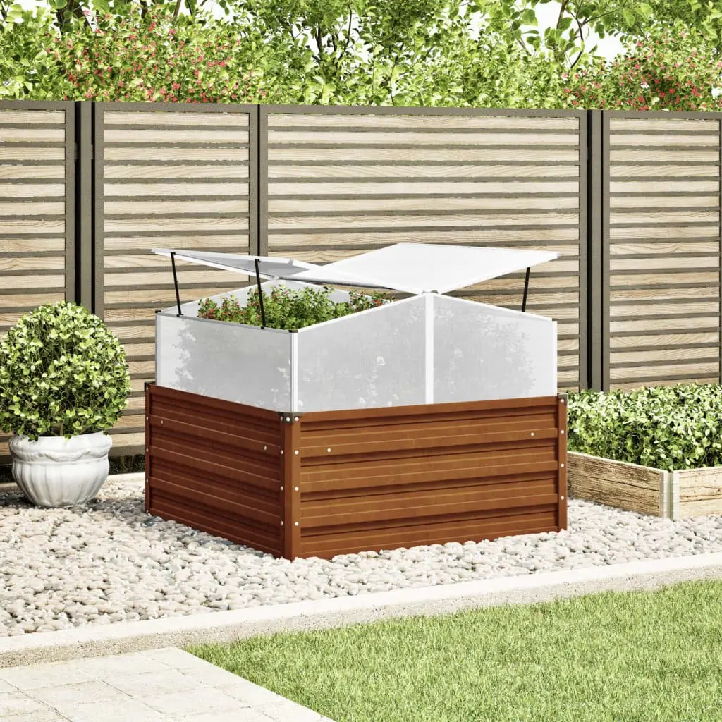 Garden Planter Brown Weathering Steel Raised Bed Box with Greenhouse Feature