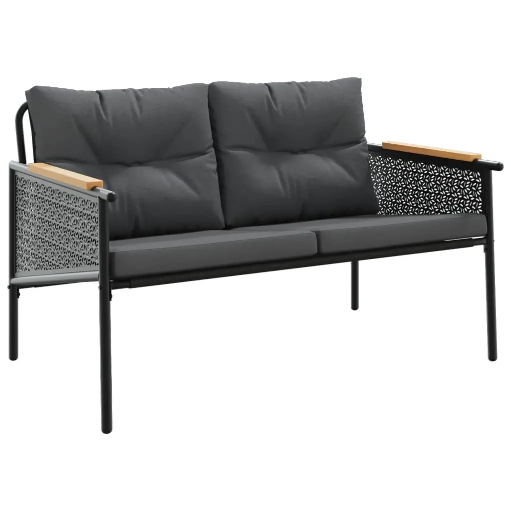 Garden Bench with Cushions 116cm Outdoor Seating Steel Frame Black