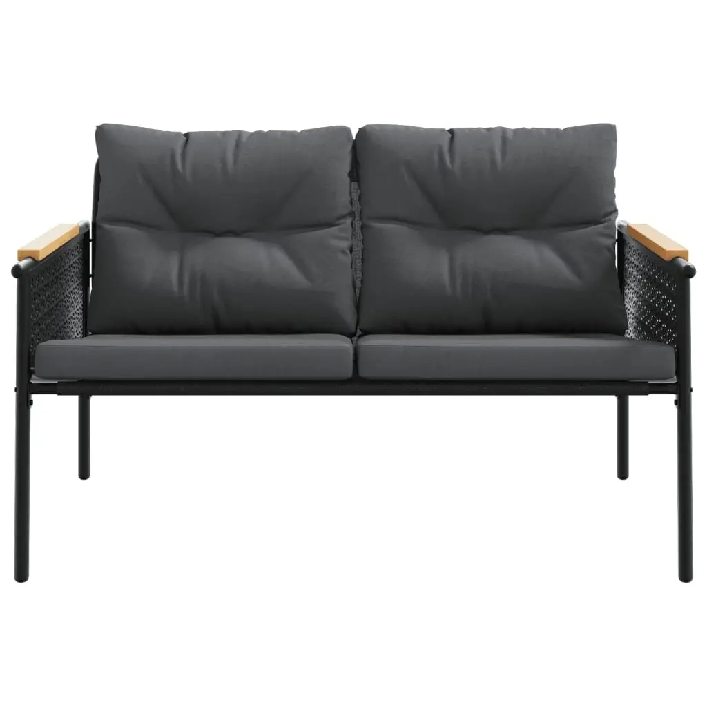 Garden Bench with Cushions 116cm Outdoor Seating Steel Frame Black
