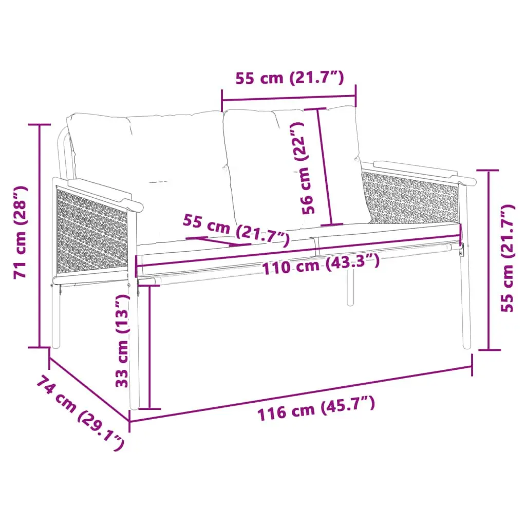 Garden Bench with Cushions 116cm Outdoor Seating Steel Frame Black