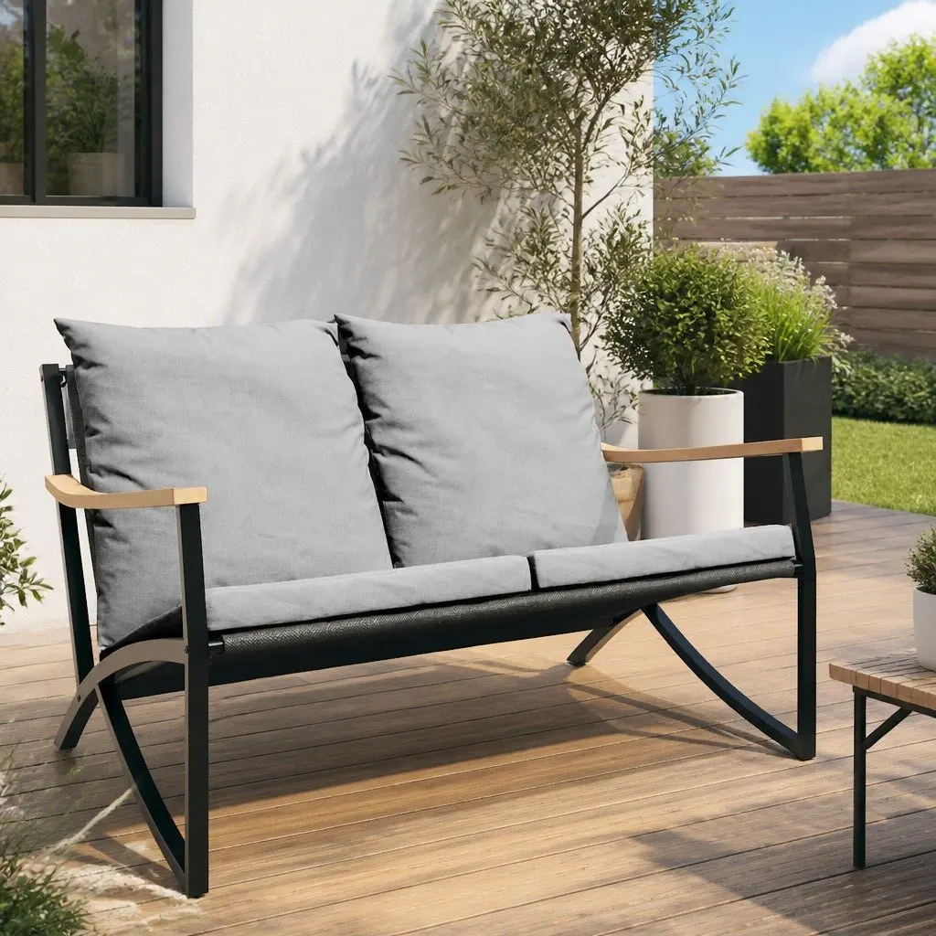 Garden Bench with Cushions 120cm Outdoor Seating Steel Frame Black