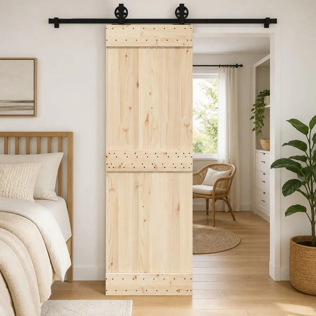 Sliding Door Hardware Kit Black 200cm Powder-Coated Steel Track System with Internal Bearings and Floor Guide