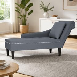 Chaise Lounge Grey Velvet with Pillow Armrest Button Tufting Living Room Sofa