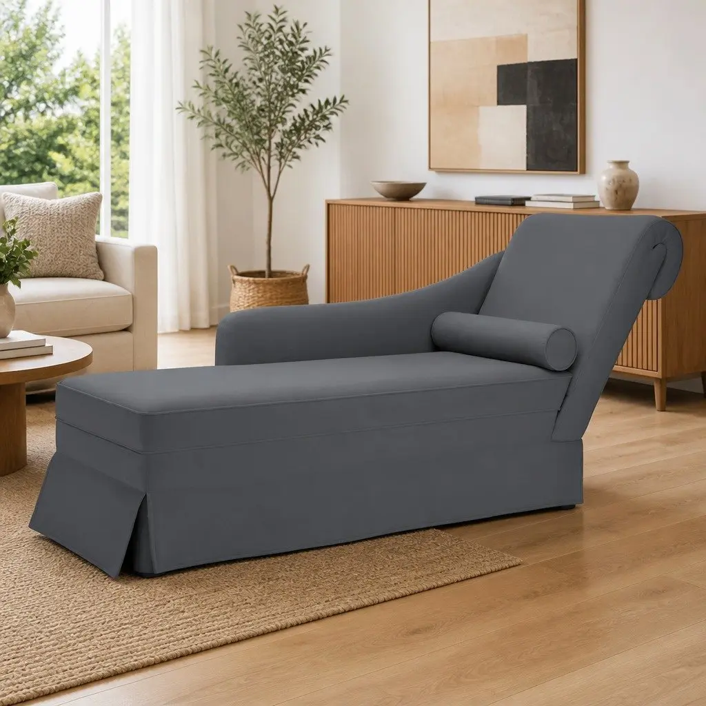 Chaise Lounge Dark Grey Velvet Right Armrest Bolster