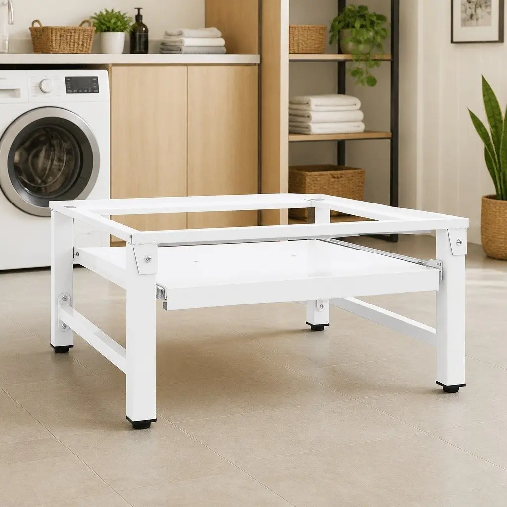 Laundry Pedestal White Steel Frame Storage Riser with Pull-out Shelf for Washing Machines