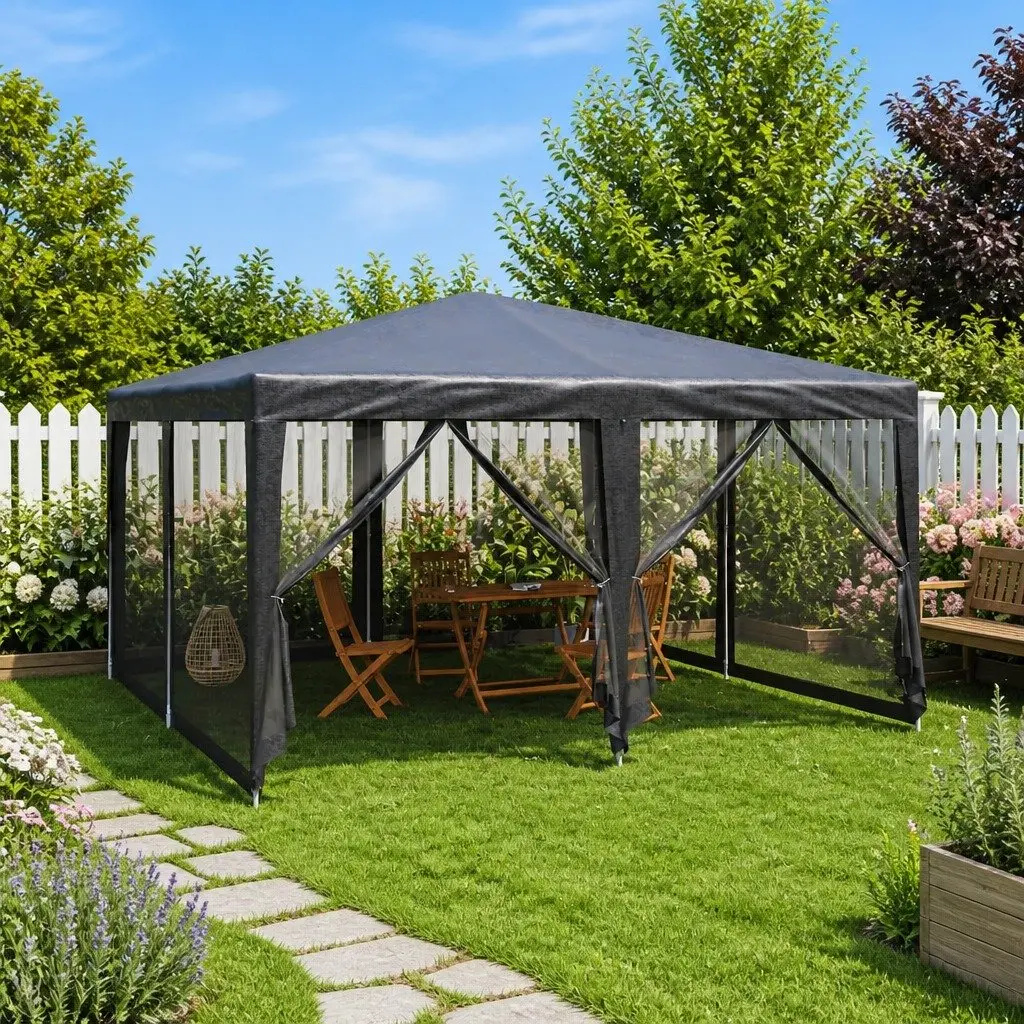 Party Tent Anthracite 4x4m Outdoor Gazebo Canopy with 8 Mesh Sidewalls