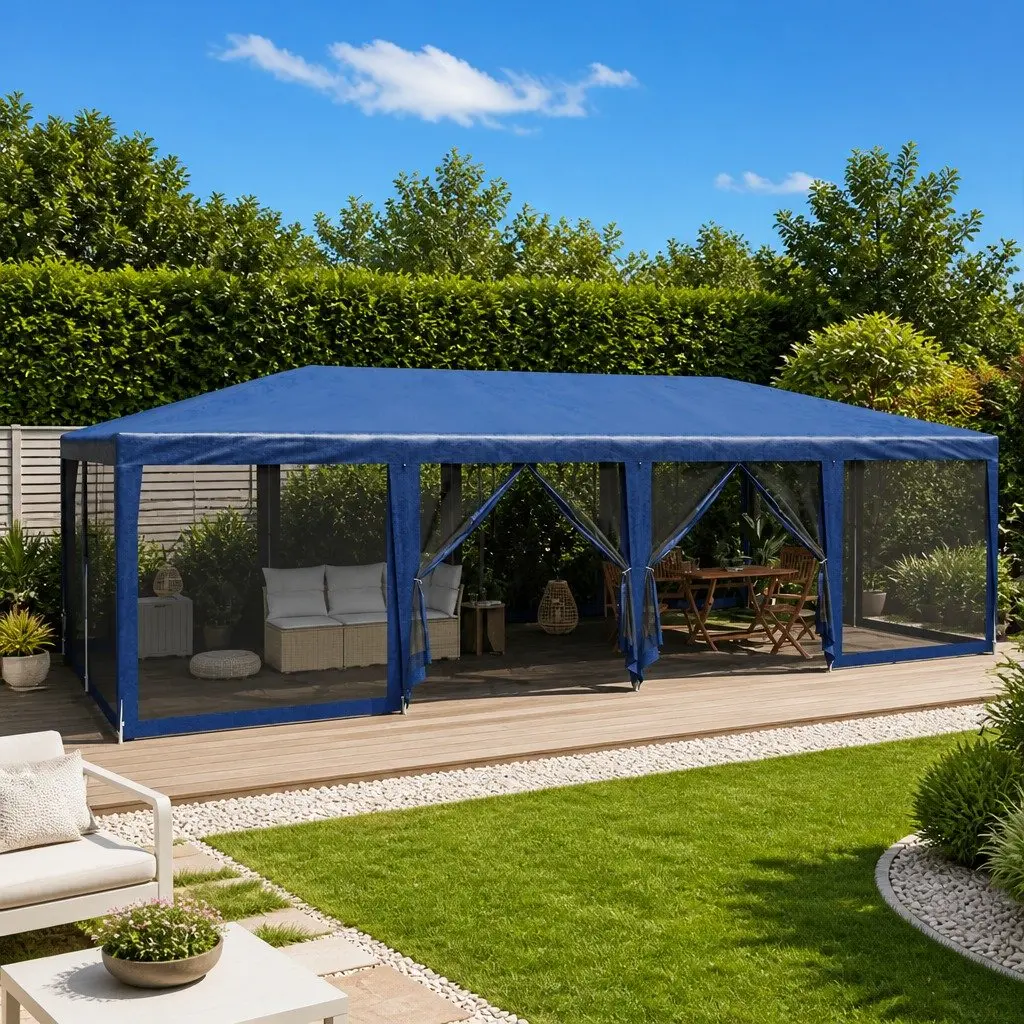 Party Tent Blue 8x4m Outdoor Gazebo with 12 Mesh Sidewalls