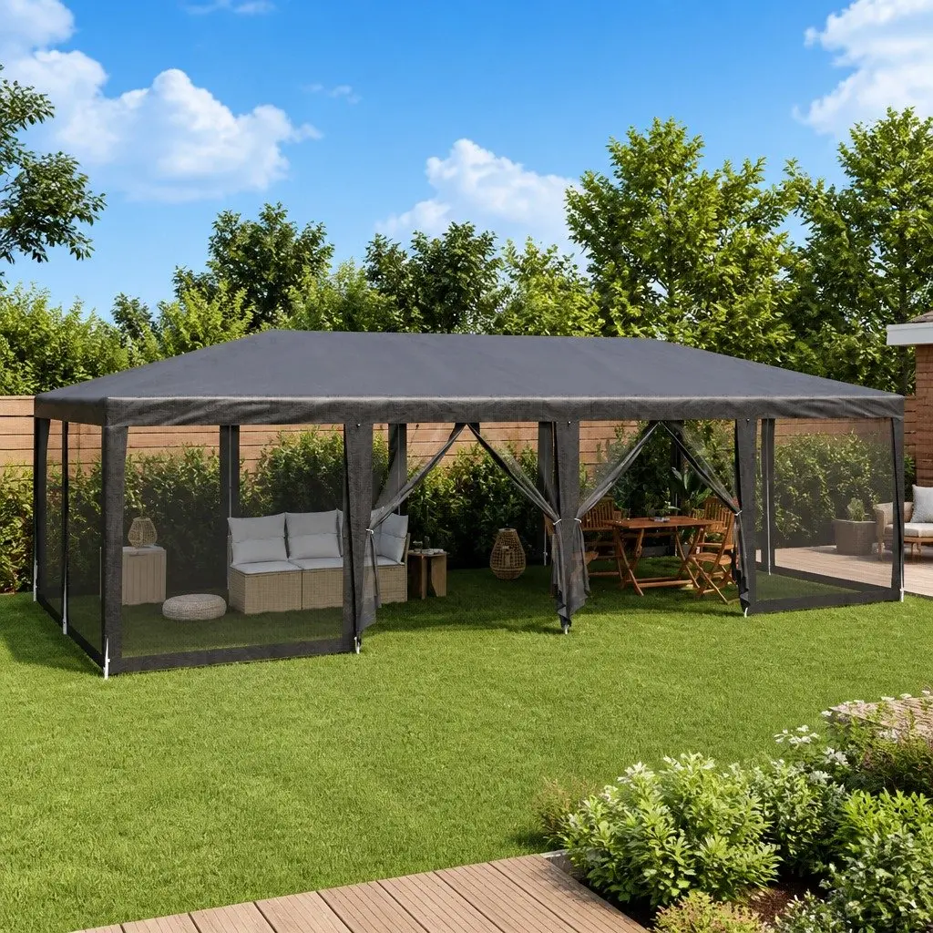 Party Tent Anthracite 8x4m Outdoor Gazebo with 12 Mesh Sidewalls for Sun and Insect Protection