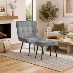Relaxing Chair with Footstool Grey Velvet Upholstered Lounge Seat Comfortable