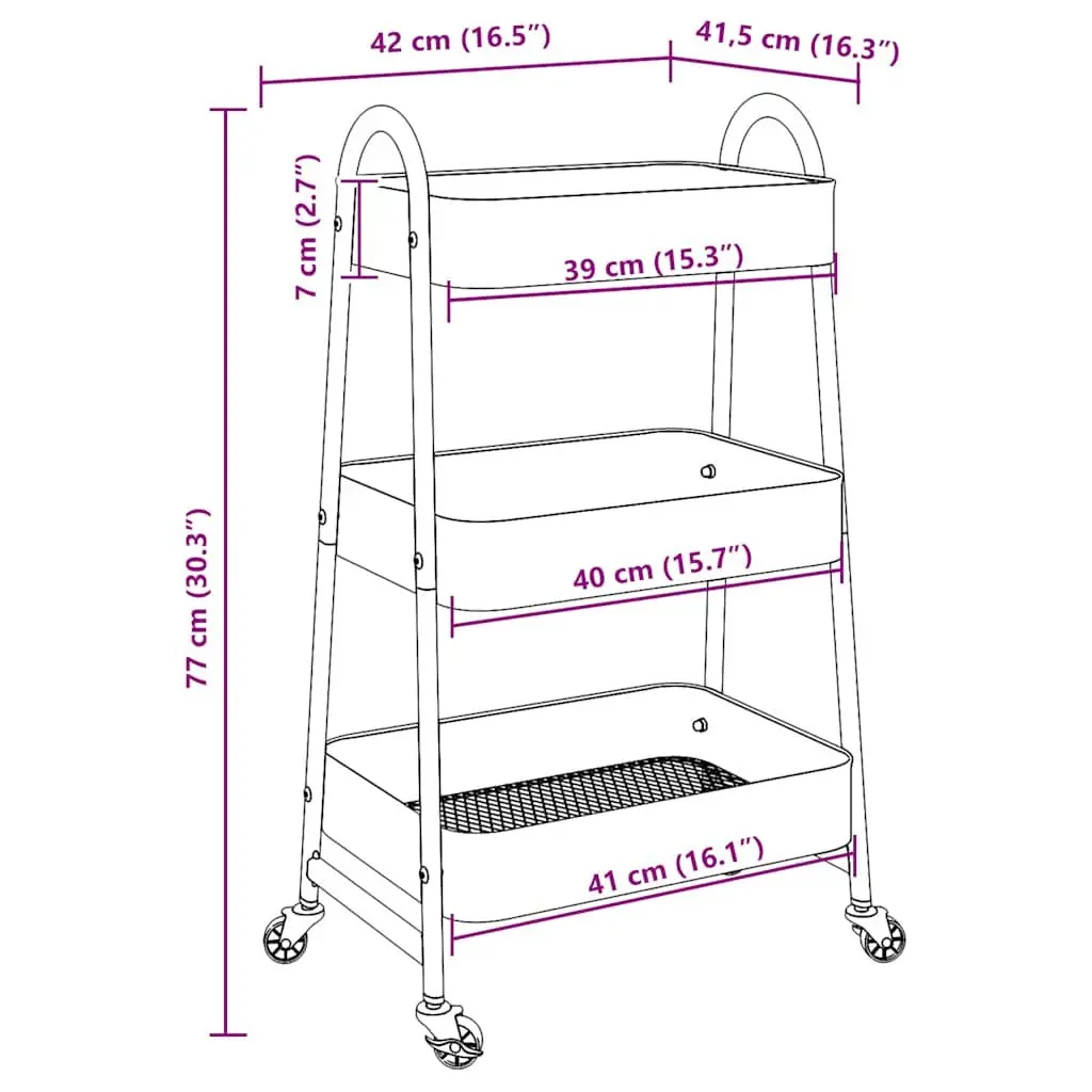 Storage Trolley White 3-Tier Heavy-Duty Steel Mobile Organiser Cart with Casters and Brakes