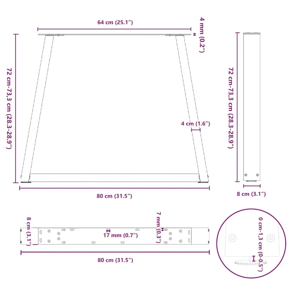 Dining Table Legs Black V-Shape 80x72-73.3cm Steel Adjustable Levellers 2 pcs