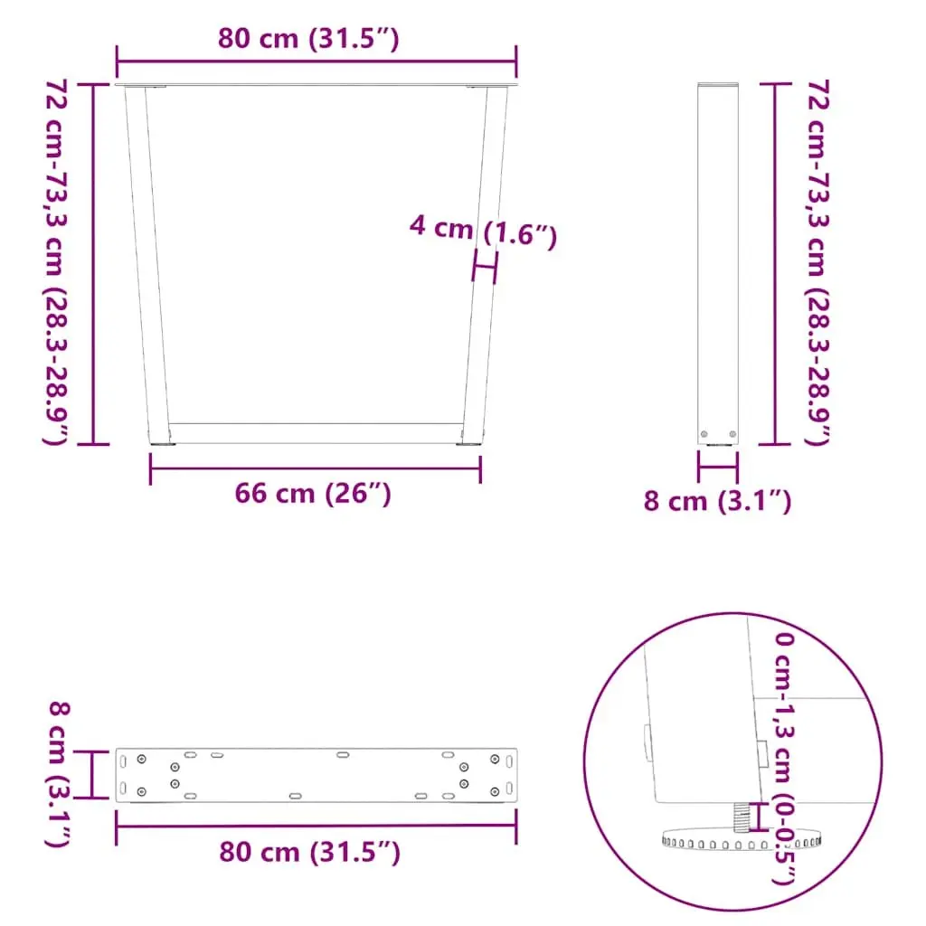 V-Shape Dining Table Legs Pair Black 80x72-73.3cm Adjustable Levellers