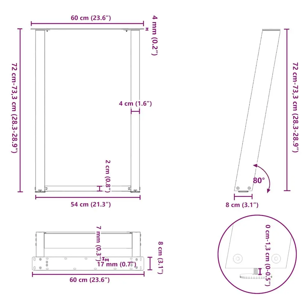 Dining Table Legs Black 60x72-73cm U-Shaped Steel Adjustable Foot Levelers Set of 2