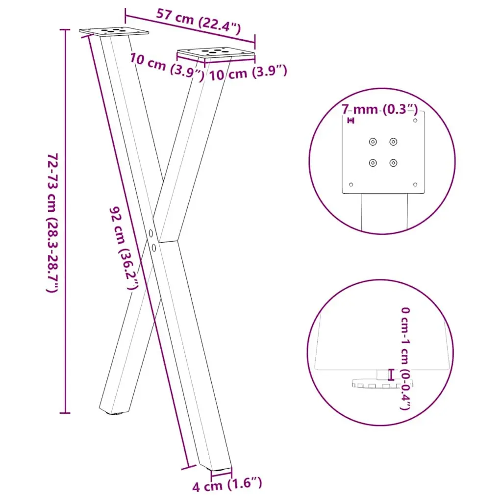 Dining Table Legs Black 57x72cm X-Shaped Steel Support Frame Set 2 pcs