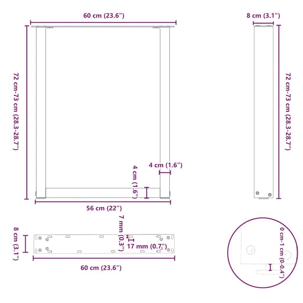 Dining Table Legs Black 60x72-73cm U-Shaped Steel Adjustable Levelers Pack of 2