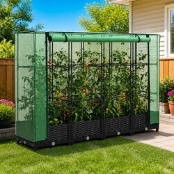 Raised Garden Bed with Greenhouse Cover Rattan Look 160x40x123cm Black