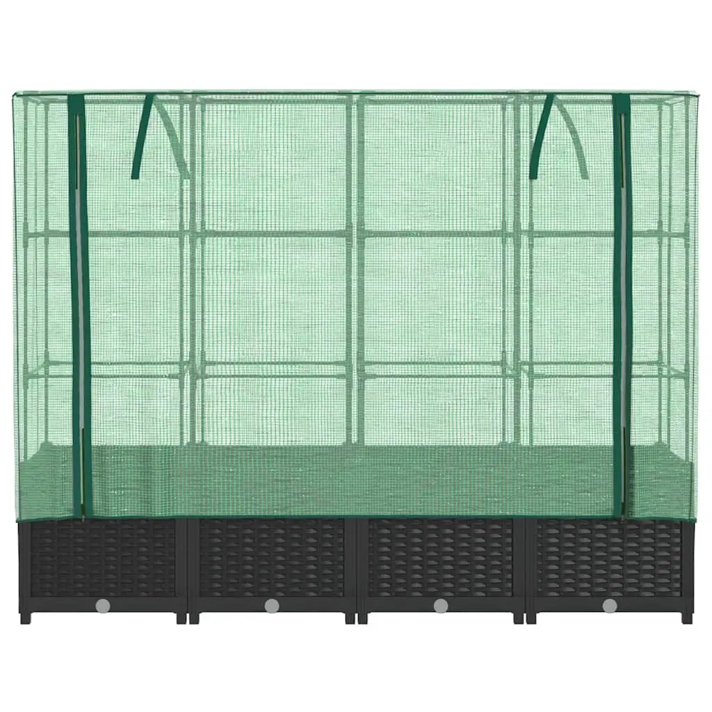 Raised Garden Bed Black 160x40x138cm Integrated Greenhouse Cover Rattan Look