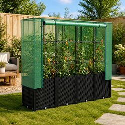 Raised Garden Bed with Greenhouse Cover Rattan Look Outdoor Planter 160x40x153cm