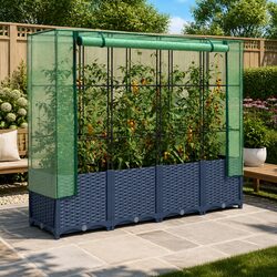 Raised Bed Greenhouse Cover Rattan Look Garden Planter 160x40x138cm Grey Growing