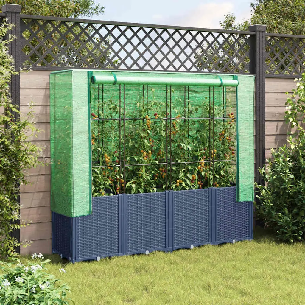 Raised Garden Bed Grey Rattan Look 160x40x153cm Integrated Greenhouse Cover