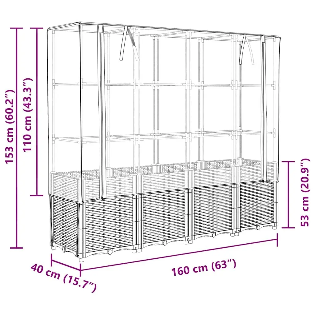 Raised Garden Bed Grey Rattan Look 160x40x153cm Integrated Greenhouse Cover