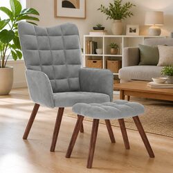 Grey Velvet Lounge Chair and Footstool Set