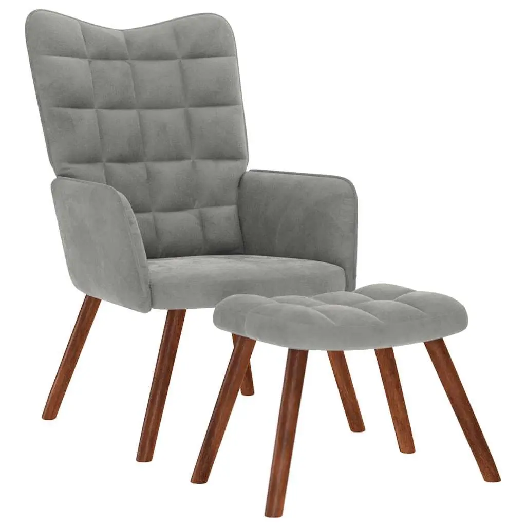 Relaxing Armchair with Footstool Grey Velvet Lounge Chair Bedroom Living Room