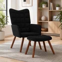 Relaxing Chair with Stool Black Velvet Armchair Recliner Lounge Chair Footstool