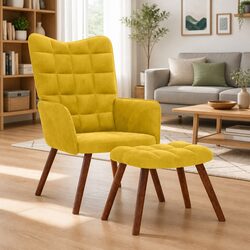 Relaxing Armchair with Footstool Yellow Velvet Lounge Chair Living Room Seat