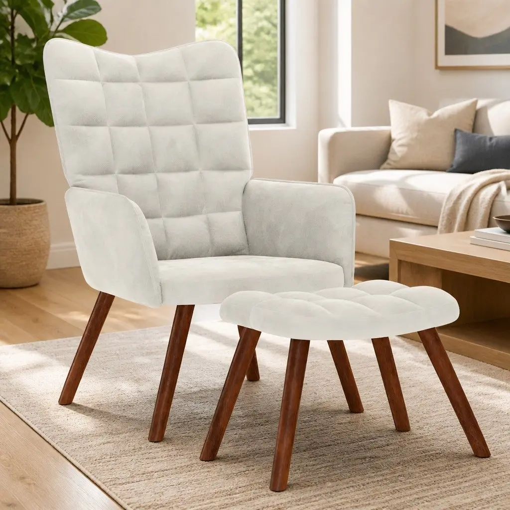 Relaxing Chair with Stool Cream Velvet Armchair Lounge Seat Footrest Furniture