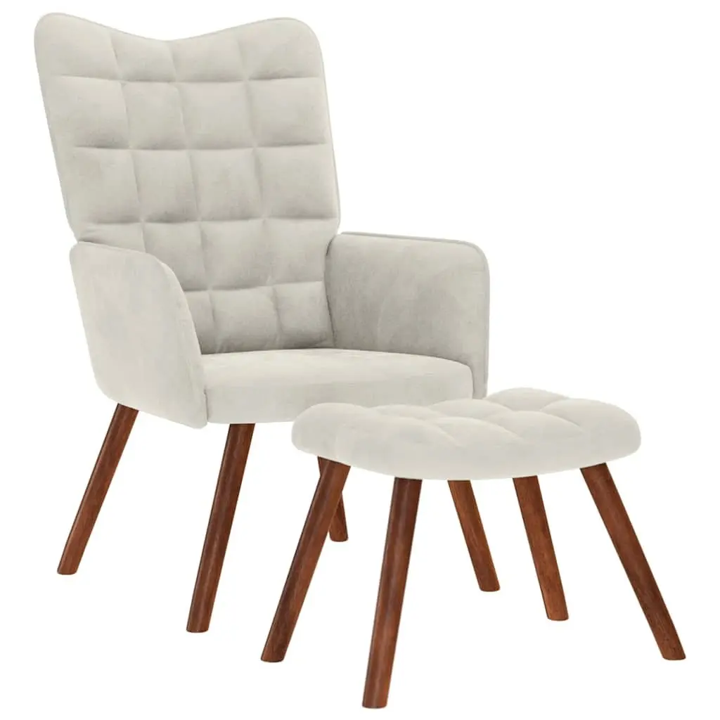 Relaxing Chair with Stool Cream Velvet Armchair Lounge Seat Footrest Furniture