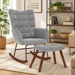 Rocking Chair with Footstool Grey Velvet Padded Armchair Lounge Seat Relax